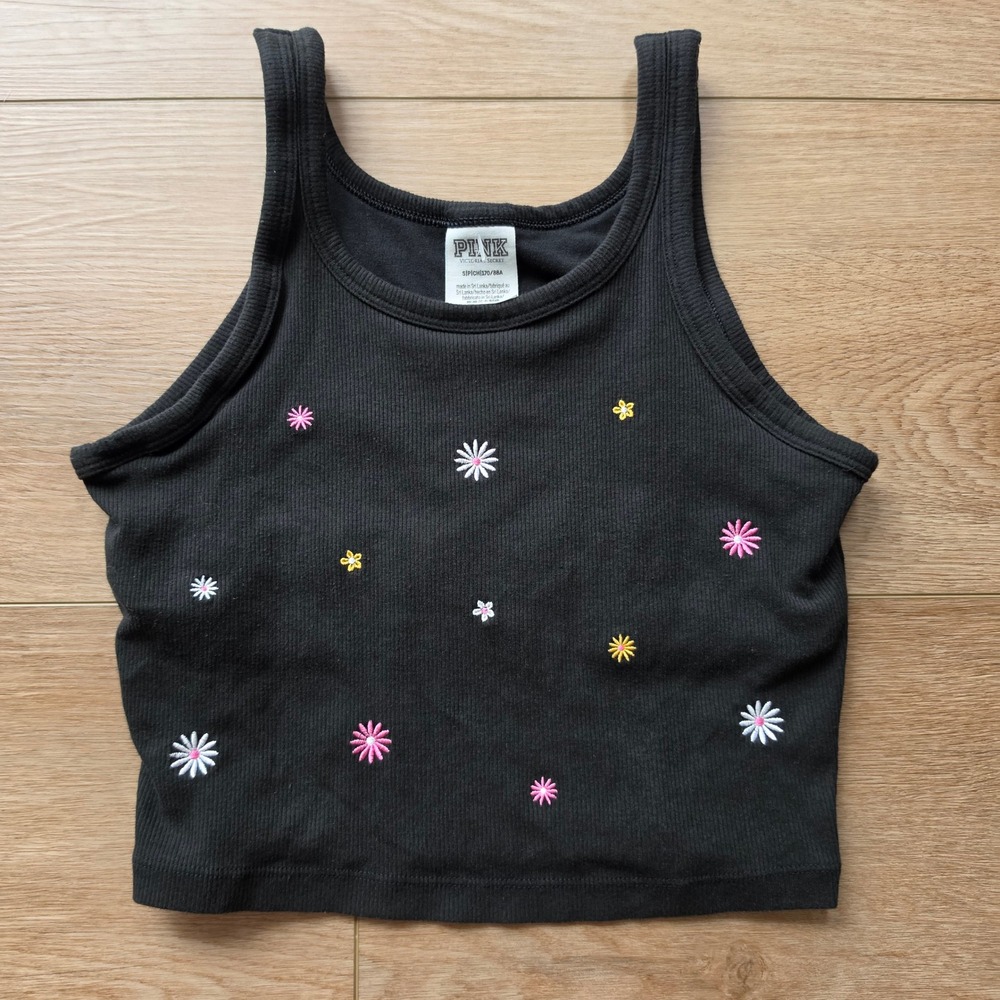 PINK Y2K Victoria's Secret Black Ribbed Daisy Embroidered Crop Tank Top Small